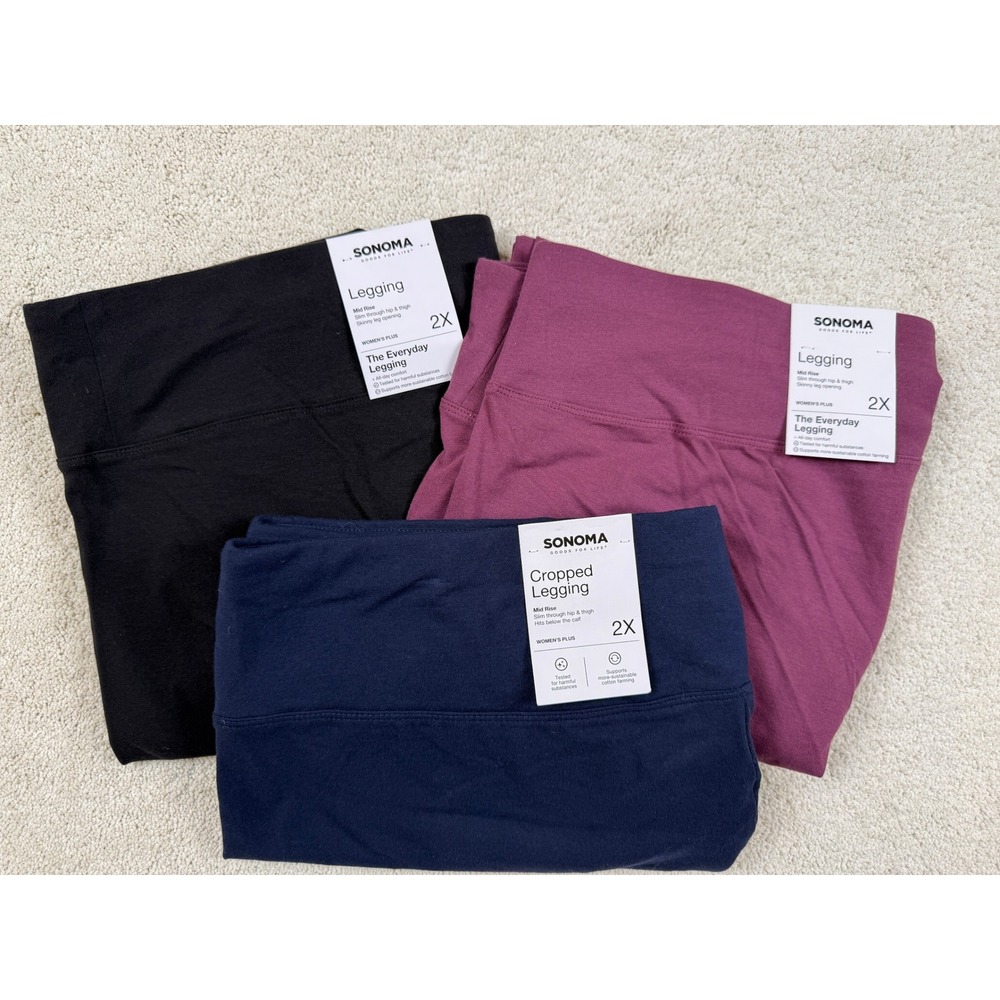 NWT 3 PAIR Womens 2X Sonoma Leggings-Black & Maroon & Cropped Legging-Navy #1509